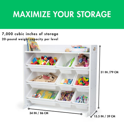 Humble Crew Toy Storage Organizer with 9 Removable Storage Bins for Kids Playroom, 3-Tier with Top Shelf Toddler Toy Organization, White/White