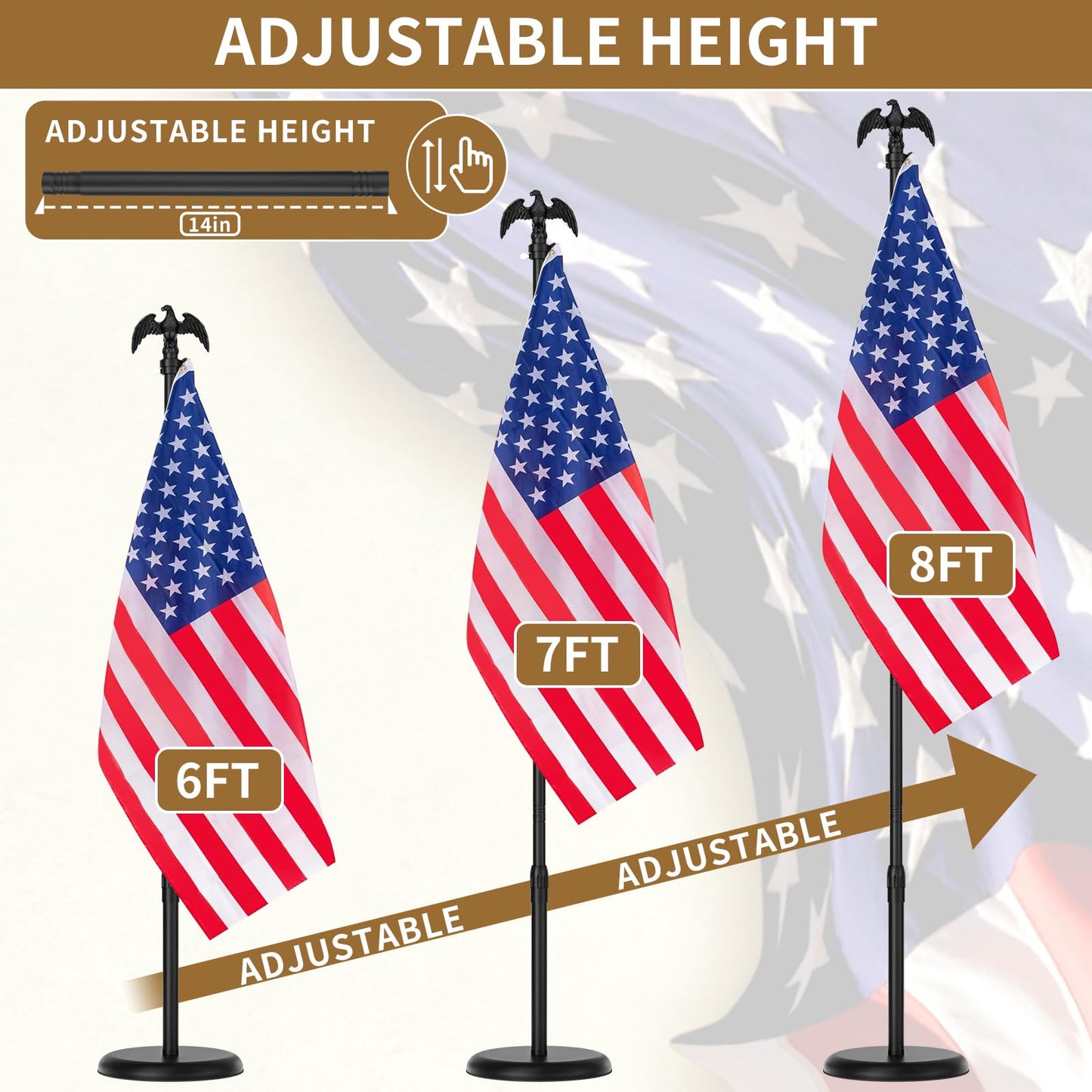 8 FT Indoor Flag Pole and Stand, Heavy Duty Indoor Flag Pole Kit with Weighted & Thickened Base, Eagle Topper, 3x5 FT American Flag, Adjustable Presidential Indoor Flagpole for Office School City Hall