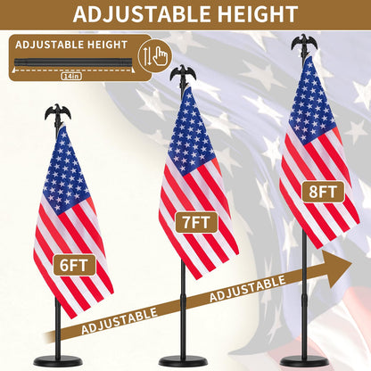 8 FT Indoor Flag Pole and Stand, Heavy Duty Indoor Flag Pole Kit with Weighted & Thickened Base, Eagle Topper, 3x5 FT American Flag, Adjustable Presidential Indoor Flagpole for Office School City Hall