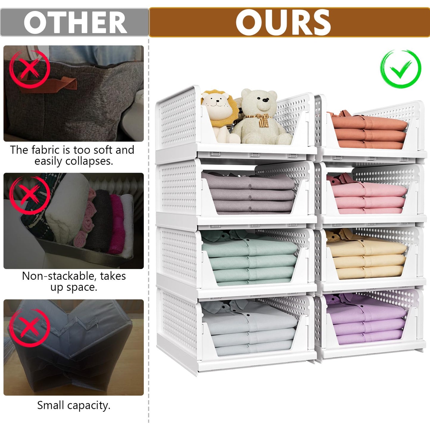 SNSLXH 5 Pack Stackable Closet Organizer Box, Multifunctional & Foldable Closet Storage Basket for Bathroom Kitchen Laundry Room Wardrobe Storage, Space-Saving Clothes Storage Drawer Organizer, Green