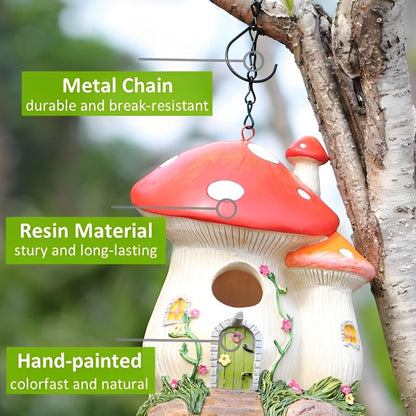 Bluebird Houses for Outside, Bird Houses for Outside, Mushroom Cute Resin Birdhouses for Outdoors, Weatherproof Courtyard Decorated Hanging Bird House, Nesting Bird House, Gift for Bird Lovers (Red)