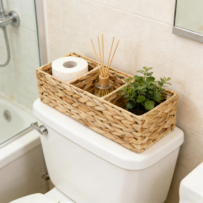 Pumtus 2 Pack 3-Section Woven Baskets, Water Hyacinth Storage Bin, Handwoven Desk Organizer, Toilet Paper Container, Rectangle Holder for Counter Top Toilet Tank Shelves Coffee Bar Pantry