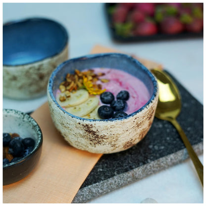 RoRo Handmade 4.5-Inch Rustic Coral Ceramic Miso Bowls – Set of 2, Hand-Glazed Blue Interior with Textured Finished, Microwave & Dishwasher Safe