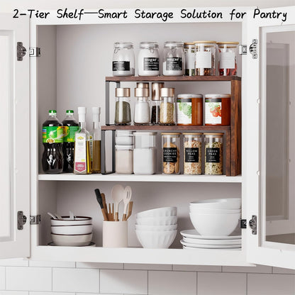 Vfelf Kitchen Countertop Organizer, Spice Rack Cabinet Organizer Shelf Stackable Counter Corner Shelves Organization and Storage for Pantry, Counter top, Coffee Station Wood Rustic Brown