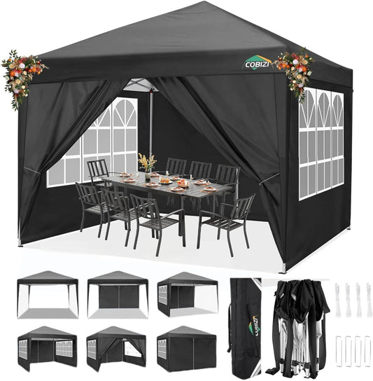 COBIZI 10x10 Pop Up Canopy Tent with 4 Sidewalls Party Tents Waterproof UPF 50+ Commercial Instant Outdoor Events Tent for Parties Markets Backyard, Ropes（10 x 10 ft Black