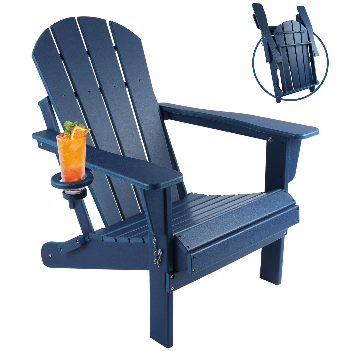 Magpie Fabrics Foldable Adirondack Chair with Cup Holder, HDPE Weather Resistant Oversize Outdoor Chair, Widely Used in Patio, Fire Pit, Deck, Porch, Garden, Campfire (Navy Blue)
