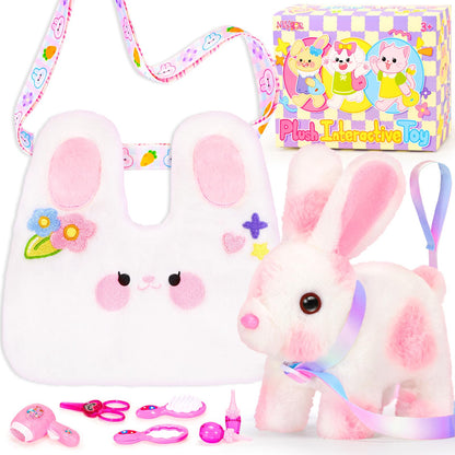 NINAOR Easter Hopping Bunny Toy for Kids with Crossbody Bags, Interactive Wiggle Ears Rabbit Toy for Girls Trip Pretend Play Robot Pet Care Cute Stuff Plushies Birthday Gifts Easter Basket Stuffers