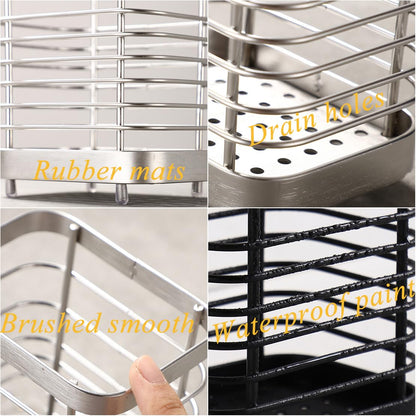 KEINEUX Utensil Holder Kitchen Countertop Organizer, Cutlery Drainer Sink Caddy Storage Drying Rack for Silverware Flatware and Cookware Stainless Steel(Black-L)