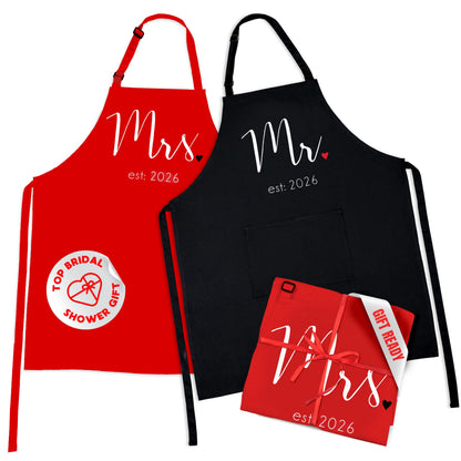 Prazoli Products Mr Mrs Apron Set - Engagement Gifts, Wedding & Bridal Shower Gifts for Couple (Mr. & Mrs. Est: 2026 - Red, Standard)