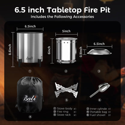 BALI OUTDOORS 6.5 inch Tabletop Fire Pit Round, Stainless Steel Table Top Firepit Small, Outdoor Smokeless Firepit Portable, Silvery