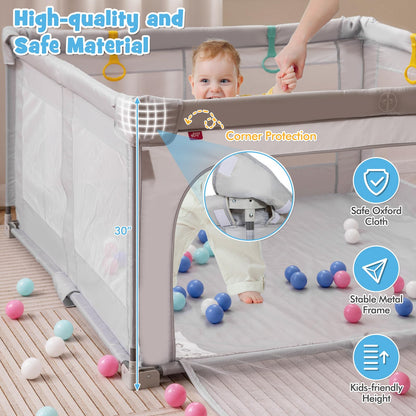Costzon Foldable Playpen for Babies, 59''x59'' Portable Baby Play Pen with 50 PCS Ocean Balls, 4 Handles, Carry Bag, Visible Mesh, Kids Activity Center with Gates, Indoor & Outdoor Baby Gate Play Pen