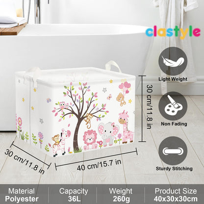 Clastyle Collapsible Large Pink Woodland Animal Baby Girl Bakset Jungle Animals Lion Giraffe Book Shelf Basket with Handle Rectangle Toy Clothes Cube Storage Basket for Kids Room
