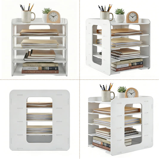 Moontility Desk Organizer, 5-Tier File Organizer for Desk, Letter Tray Paper, Desktop Document Sorter for Letter, File Folder Holder with Pen Holder for Office, Home or School- White MLT001W5
