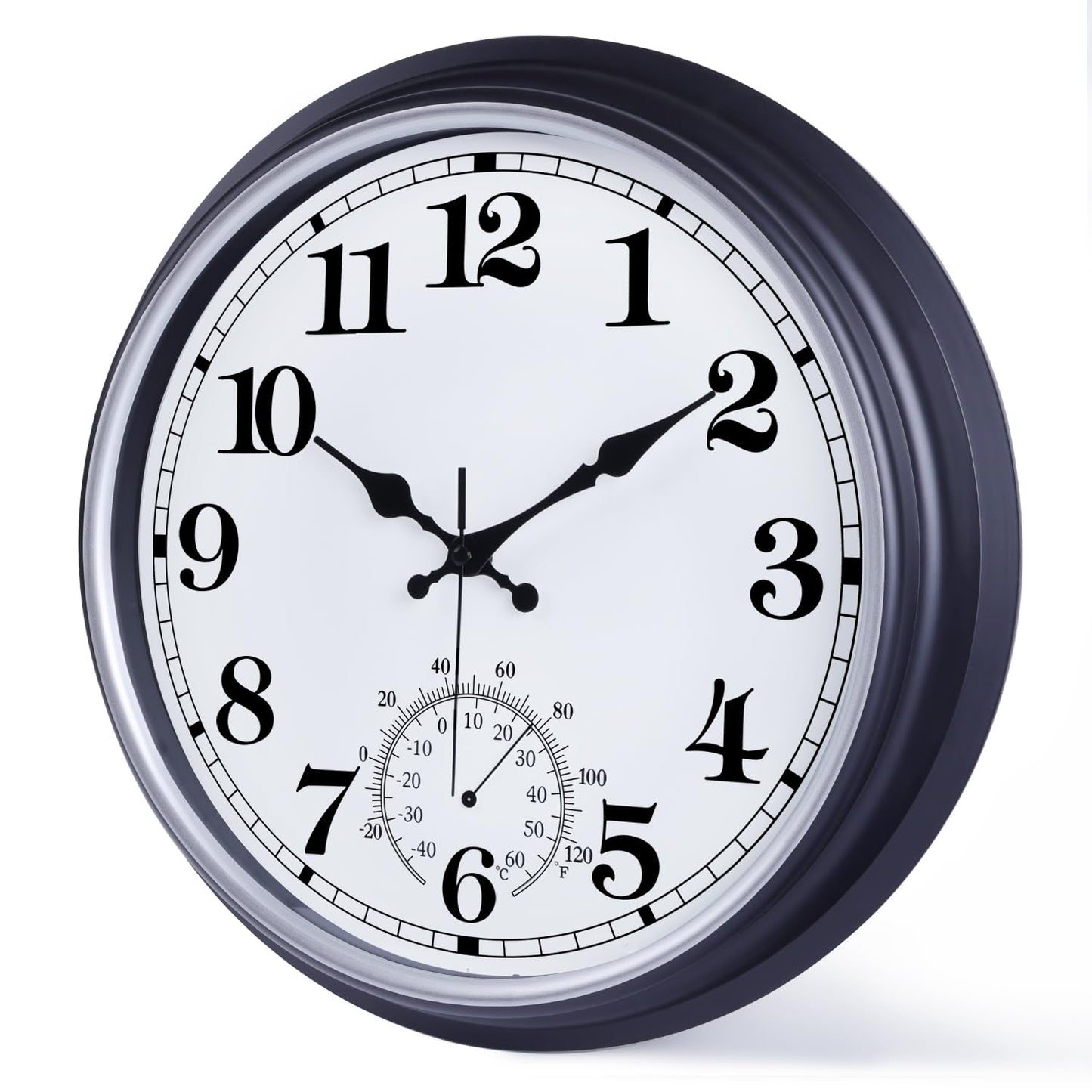 16 Inch Large Outdoor Clock, Retro Waterproof Indoor/Outdoor Clock Non-Ticking Clock with Thermometer, Battery Operated Wall Clock for Patio, Garden, Pool - Black