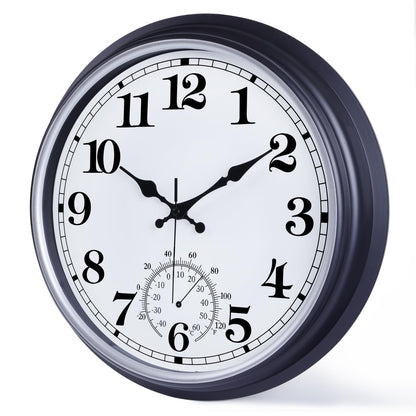 16 Inch Large Outdoor Clock, Retro Waterproof Indoor/Outdoor Clock Non-Ticking Clock with Thermometer, Battery Operated Wall Clock for Patio, Garden, Pool - Black