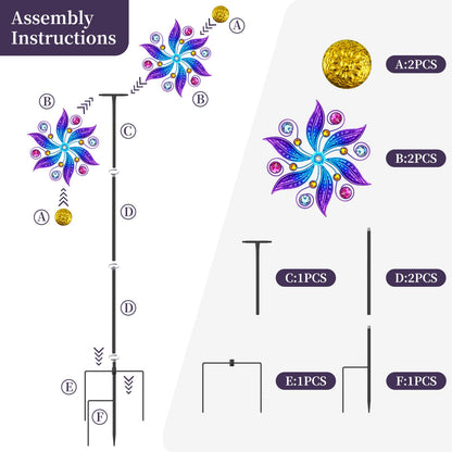 Jusimux Metal Wind Spinner Outdoor, Purple Flowers Wind Sculpture Spinners with Metal Stake, Yard Art Decor for Patio, Lawn & Garden, Creative Gifts 57.5 * 13.3 Inch