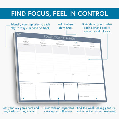 Clear Mind Concepts Focus Work Planner - Weekly Productivity Desk Organizer, 52 Undated Tear-Off Sheets, Mon-Fri Layout, 11.7” x 8.3” - Track Priorities, Tasks, Notes & Goals for Office & Remote Work