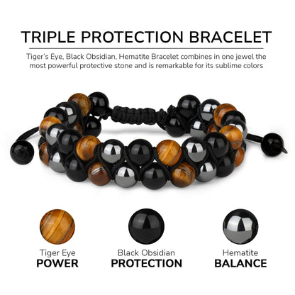 Crystal Vibe 8mm Triple Protection Bracelet - Beaded Bracelet with Natural Stones of Tiger Eye, Hematite, Black Obsidian - Elastic Adjustable Crystal Bracelet for Anxiety Relief, Spiritual Healing