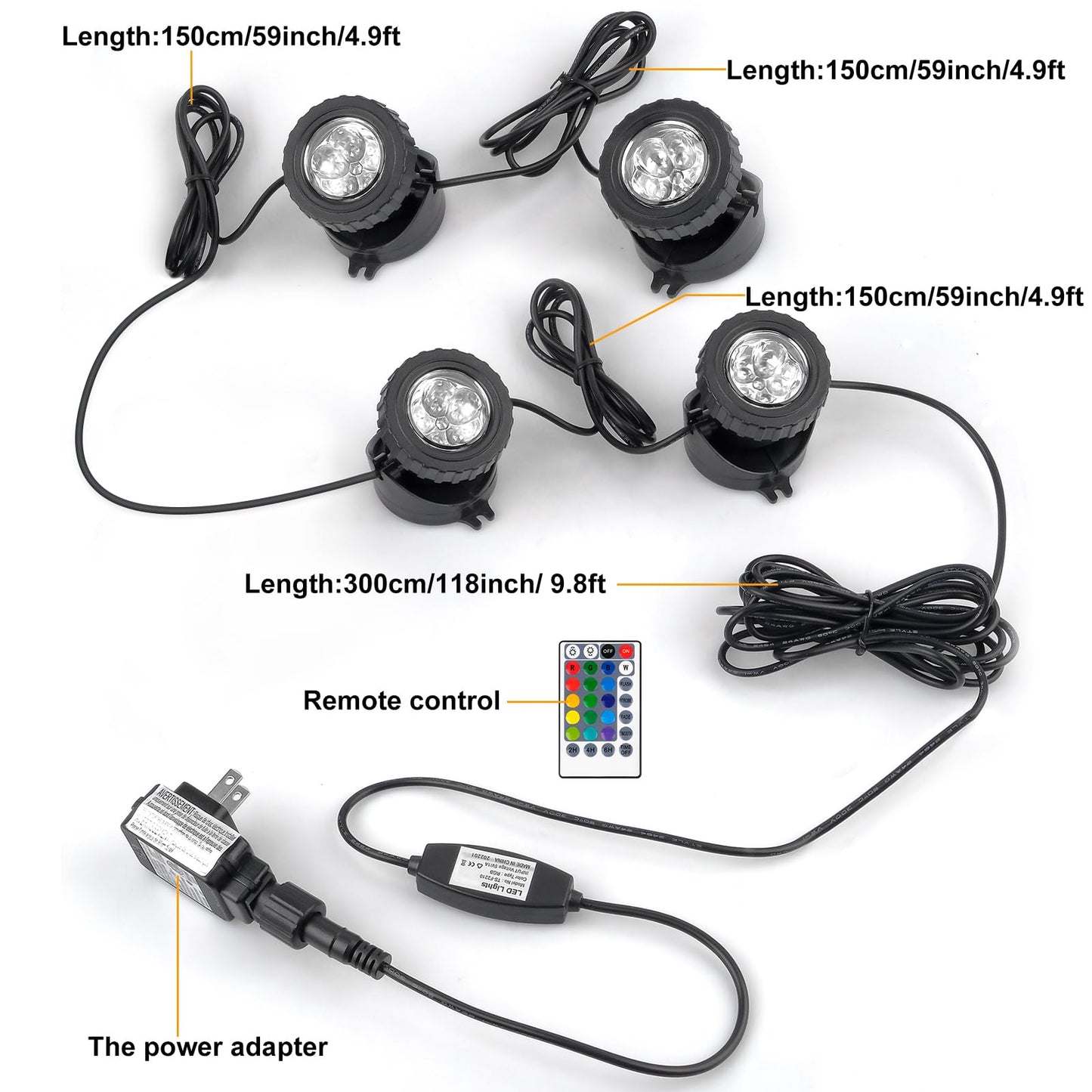 CREPOW RGB Pond Lights with Timer, LED Underwater Submersible Colorful Landscape Spotlights, 98ft Remote Control IP68 Waterproof Fountain Lights for Fish Aquarium Tank Garden Yard Pool (Set of 4)