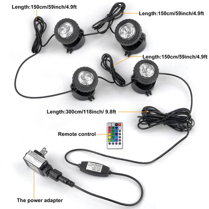 CREPOW RGB Pond Lights with Timer, LED Underwater Submersible Colorful Landscape Spotlights, 98ft Remote Control IP68 Waterproof Fountain Lights for Fish Aquarium Tank Garden Yard Pool (Set of 4)