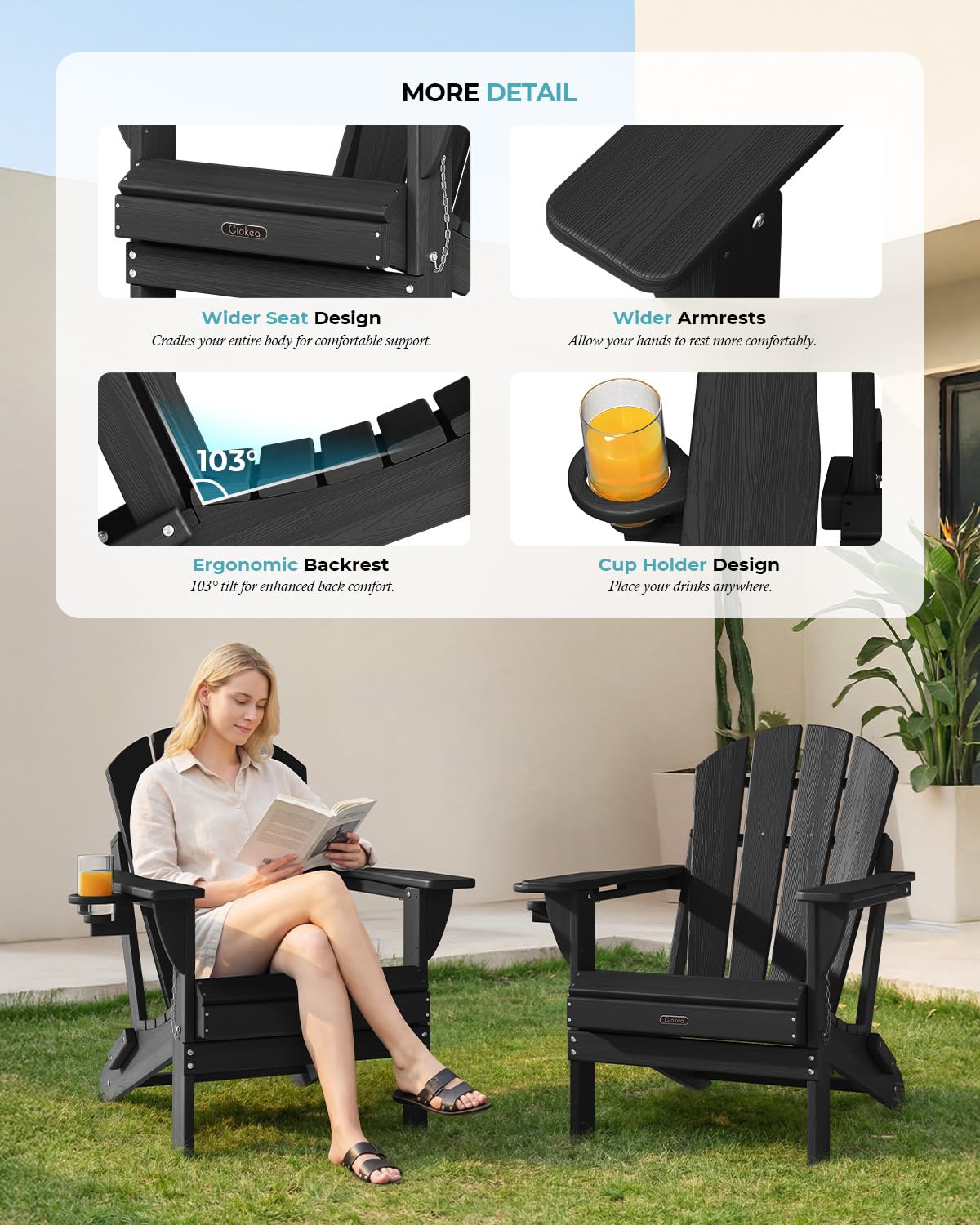 Ciokea Folding Adirondack Chair Wood Texture for Patio, Weather Resistant, Plastic Fire Pit Chair with Cup Holder, Lawn Chair for Outdoor Porch Garden Backyard Deck (Black)