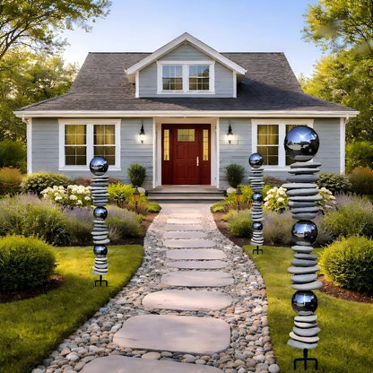 Wensign Zen Garden Ourdoor Decor - 32" Rock & Stainless Steel Sphere Sculpture Stake, Modern Yard Art for Landscape, Patio, or Pathway