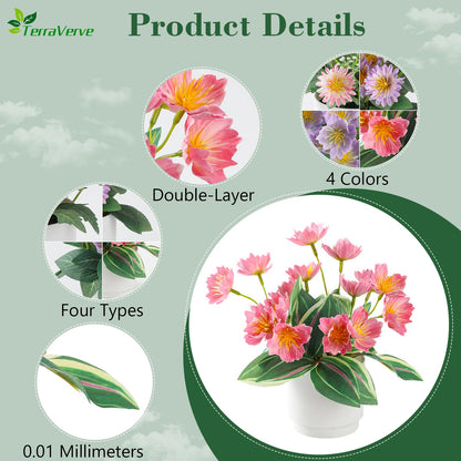 TerraVerve Boho Style 4-Piece Silk Flower Arrangement | Realistic Artificial Plants with Vase | Daisy & Lily Pots | No Maintenance Required