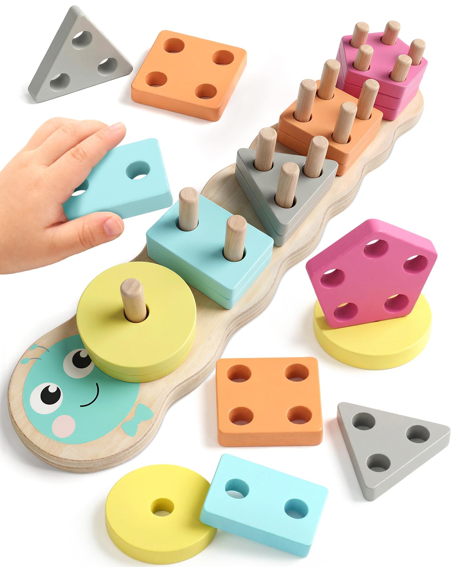 Zeewoo Montessori Toys for 1 2 3 Year Old Girl Boy Gifts Educational for 1-2 Year Old Caterpillar Wooden Shape Sorter Stacking Toys for Toddlers 2-4 Preschool Learning Toy Birthday Gift