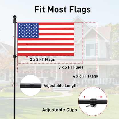 SEEKNEW Black Flag Pole for Outside House, 6 FT Stainless Steel No Tangle Spinning Residential Flagpoles & Two-Position Flag Pole Holder Brackets Mounting for USA Outdoor Flags for Porch(Without Flag)