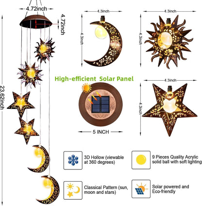 Solar Wind Chimes for Outdoor Lights Sun Moon Star for Women Mom Wife Hanging Decor Outdoor Sympathy Wind Chimes for Garden Patio Balcony Birthday Womens Gifts