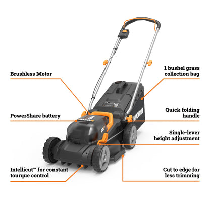 WORX Cordless Lawn Mower, 14" 40V Electric Mower with Brushless Motor, Lightweight 2 in 1 Push Lawn Mower with 6-Position Height Adjustment for Small Yards, 2 Batteries & Charger Included, WG735