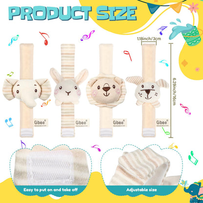 Wovnet 4 Pieces Baby Wrist Rattles Animal Pattern Newborn Rattle Foot Rattles Toy for Babies Boy Girl Infant Birthday Gifts Educational Toys, 4 Designs (Rabbit Dog Lion Elephant)