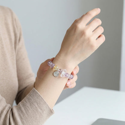 ANNIE WU Natural Crystal Bracelet for Women, Amethyst Citrine Clear Quartz Healing Beaded Bracelet, 925 Sterling Silver Adjustable Stretch Bracelet, 10mm Beads, 17-19cm, Spiritual Energy Jewelry Gift with Premium Box