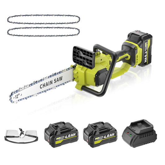 12 In Electric Chainsaw Cordless, 20V Battery Chain Saw with 2x4.0Ah Li-ion Batteries, 2 x Chains, with Tool-free Chain Tension, Auto Oiling for Wood Cutting, Tree Trimming and Branch Pruning