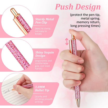 BBTO Bling Sequin Pen Holder with 6 Pcs Sequin Click Pens Cute Glitter Retractable Ballpoint Pens, Pencil Cups for Desk Organizer Makeup Brush Holder for Women Girls Classroom Offices(Pink)