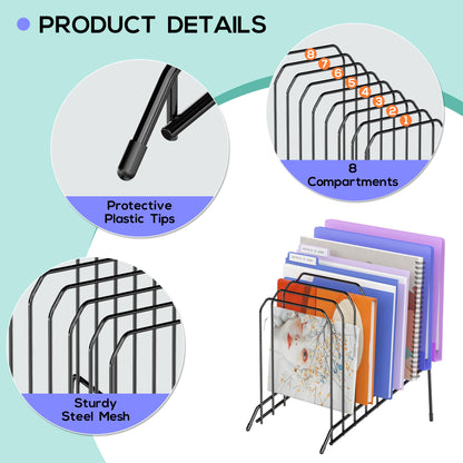 Gawerk Incline Metal Desk Magazine Folder Holder, Sorter Desk File Organizer with 8-Section Vertical Compartments Rack File Organizer for Office, Home, School (2 Pack)