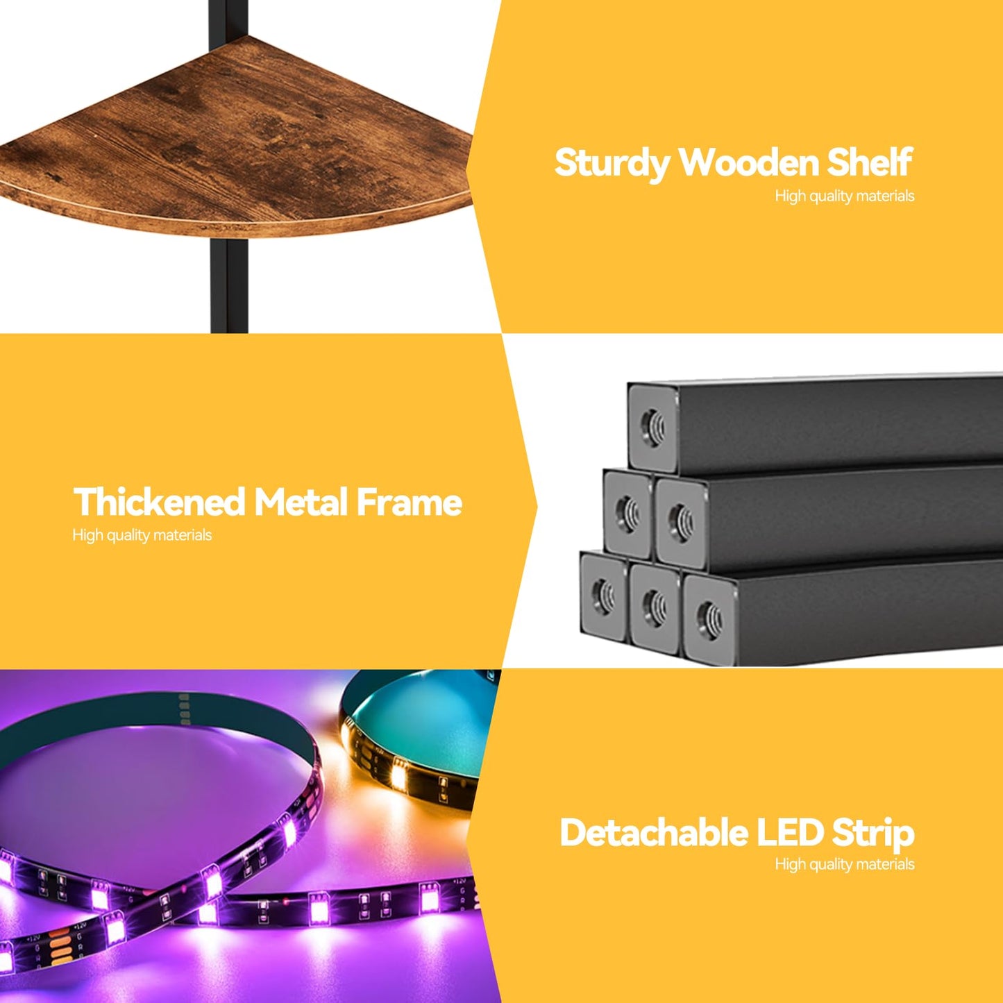 Furnulem 5 Tier Corner Shelf with LED Light, 67.2” Tall Standing Shelf for Wall Corner, Narrow Bookshelf Ladder Shelf for Bedroom, Living Room, Plant, Wood Storage Rack, Metal Frame (Rustic Brown)