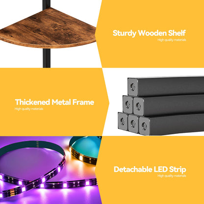 Furnulem 5 Tier Corner Shelf with LED Light, 67.2” Tall Standing Shelf for Wall Corner, Narrow Bookshelf Ladder Shelf for Bedroom, Living Room, Plant, Wood Storage Rack, Metal Frame (Rustic Brown)
