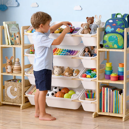 Dclavy Toy Storage Organizer with Bookshelf for Kids, Large Wooden Shelf with 12 Storage Bins & 6 Shelves, Toy Box Organization for Kids Rooms, Playroom, Nursery and Living Room