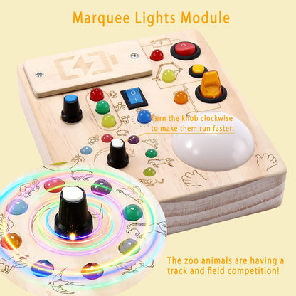 Toddler Busy Board ,Montessori Toy with Tap Light ,6.9"x5.9" Wooden Busy Board with LED Traffic Light for Kids , Travel Sensory Toys for 1+ Year Old baby Christmas/Birthday Gift(Battery Not Included)