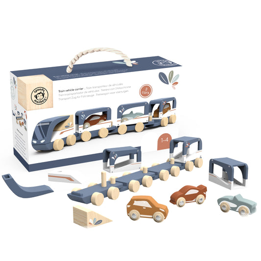 SPEEDY MONKEY Wooden Car Transporter Train Toy for Pretend Play | Multicolor Engine with Removable Car Carrier & Vehicles | Supports Imaginative Play & Motor Skill Development for Kids Ages 1+