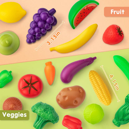 55 Pcs Grocery Store Pretend Play Food Set with Shopping Basket for Kids Toddlers 1-3 4-8, Kids Play Kitchen Accessories Plastic Fake Food Fruits and Vegetables Can Toy Gifts for Boys Girls