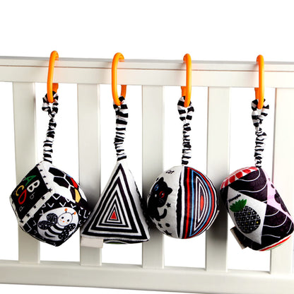 KAKIBLIN Baby Hanging Rattle Toys, 4 Pack Black and White Car Seat Baby Toys Soft Squeaky Stroller Toy for Babies Montessori Sensory Toy 0-12 Months for Newborn Infant, White and Black