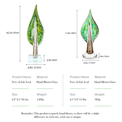 QFkris Blown Glass Tree of Life Leaf Sculpture for Home Decor, 12inch Hand Blown Glass Art Decorative Statue for Book Shelf Living Room Office Desk Home Decoration Accents Collectible Figurines