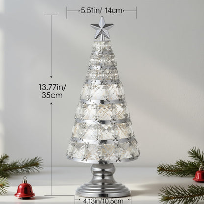 Lewondr Christmas Tree Lamp, 14 Inch Battery Powered Crystal Treetop Lighted Christmas Tree Decorative Light LED Lamp, Handmade Glass Tabletop Christmas Ornament for Home Party Gift, Silver
