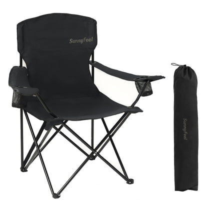 SUNNYFEEL Portable Camping Chair with Side Pockets & Cup Holder 500LBS Capacity Padded Portable Outdoor Chair, Carry Bag Included, Great for Camping, Tailgating, Firepits, Patio, & More Black