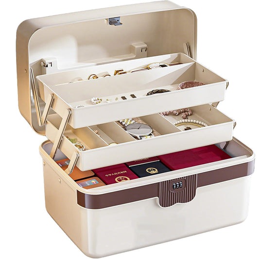 3-Layer Plastic Tackle Lock Box Organizers Storage, Portable Folding Sewing Box with Handle Dividers, Multipurpose Case for Sewing, Art Supplies, Medicine Lock Boxes, Tools Lock Organizer