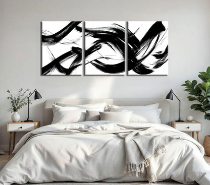 RUURUU 3Pcs Framed Black and White Abstract Wall Art Black Lines Canvas Wall Decor Brush Stroke Pictures Modern Minimalist Gallery Posters Paintings Prints For Living Room Bedroom Home Office 12x16 Inches