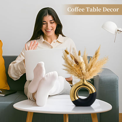 FJS Ceramic Donut Vase, 8" L x 8" H Black and Gold Round Vase for Pampas Grass, Nordic Modern Vases for Decor, Ceramic Vase Centerpieces for Wedding, Bedroom, Living Room, Coffee Table, Office