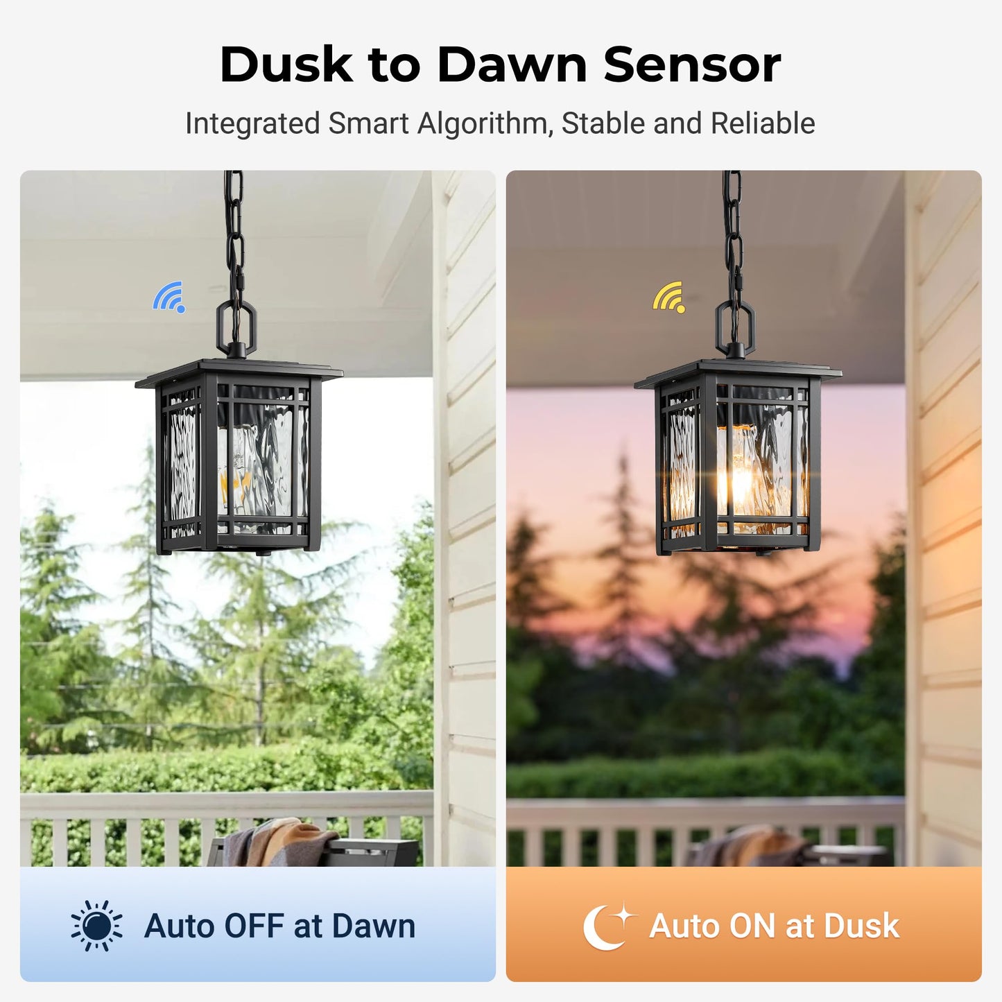 OPAXIS Dusk to Dawn Outdoor Pendant Light Fixtures, Modern Black Outdoor Hanging Lights with Photocell Sensor, Waterproof Exterior Chandelier for Porch, Outside Pendant Lantern with Adjustable Chain